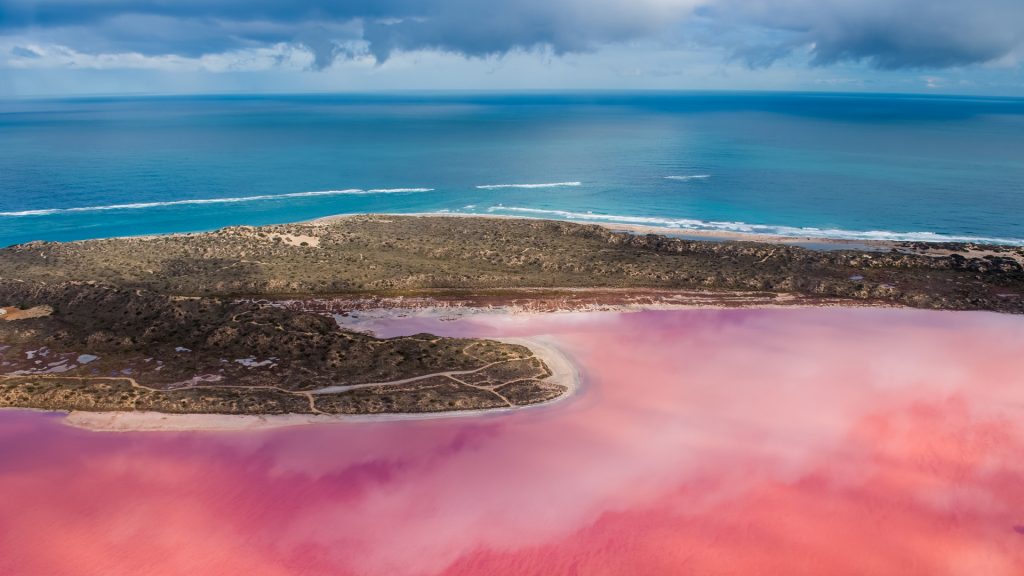 Aerial view of the Hutt Lagoon (Pink Lake), Kalbarri, Western Australia