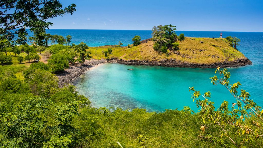 The turquoise waters of Lagoa Azul in northern Sao Tome, São Tomé and Príncipe, Africa