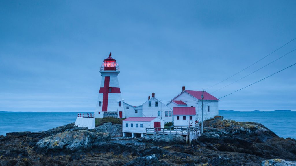 Head Harbour Lightstation lighthouse at dawn, Campobello Island, New Brunswick, Canada