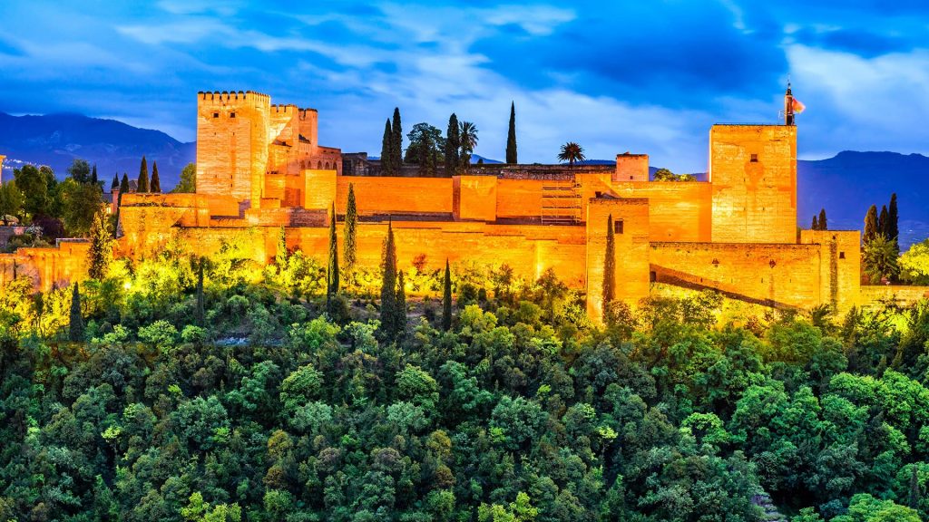 Night View of famous Alhambra with Alcazaba, Granada, Andalusia, Spain