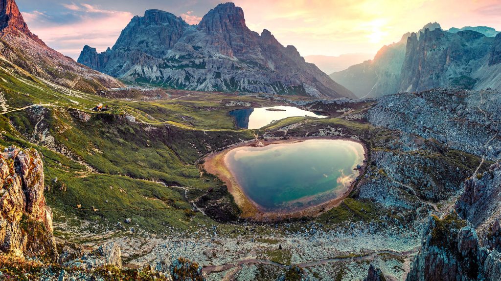 Tre Cime di Lavaredo National park with Laghi del Piani lakes, Dolomites, South Tyrol, Italy