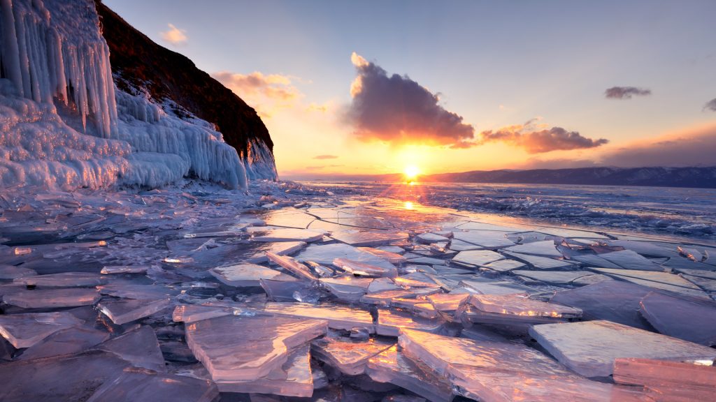 Broken ice at sunset, Baikal Lake, Olkhon Island, Siberia, Russia