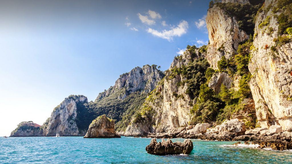 Rocky cliffs of Capri Island in the Tyrrhenian Sea, Campania, Italy
