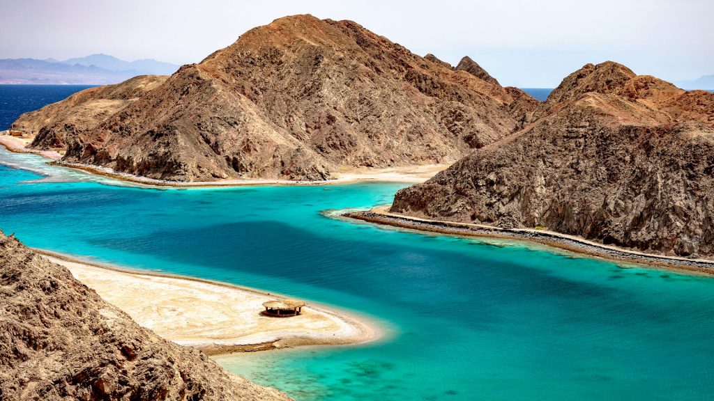 Panoramic view of the Fjord Bay Taba in Aqaba Gulf, Red Sea, Egypt