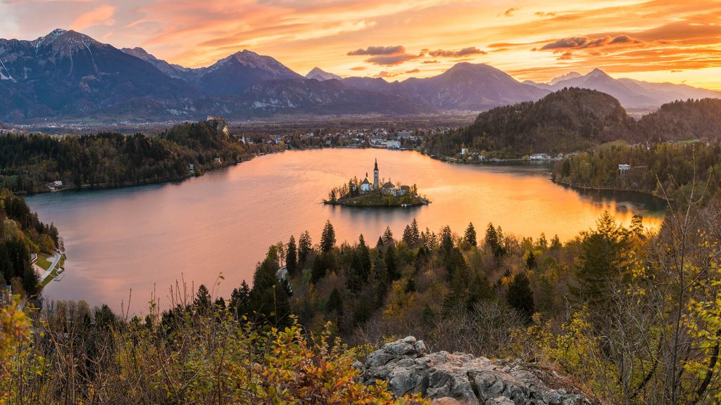 Elevated view of lake Bled at sunrise, Upper Carniola, Slovenia