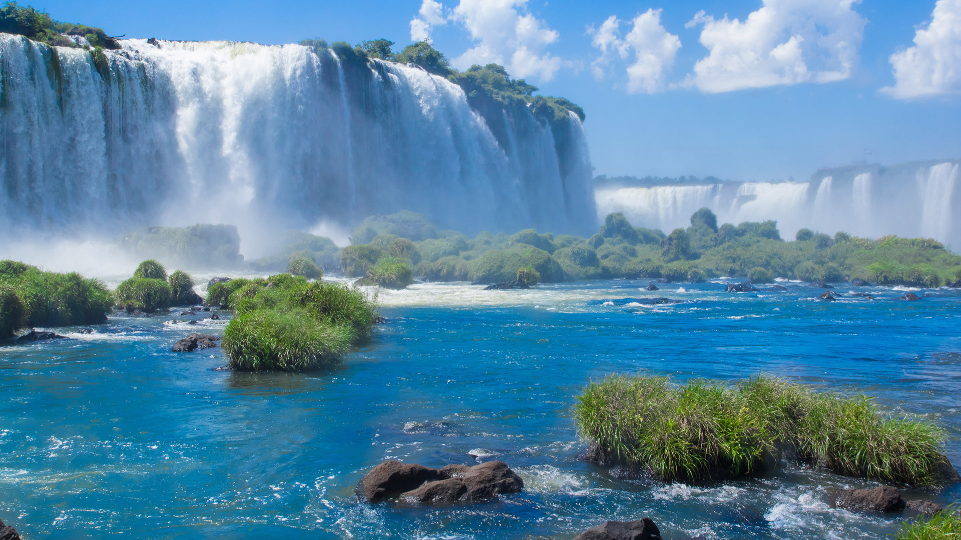 Iguazú Falls or Iguaçu Falls waterfalls of the Iguazu River between ...