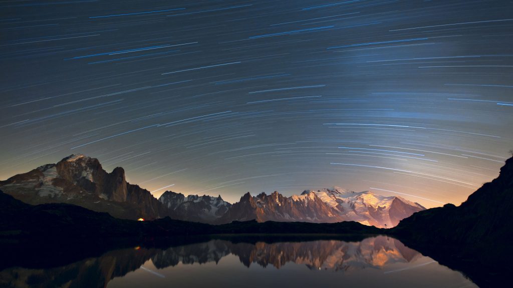 Startrails over the Cheserys lake and the Mont Blanc Massif, Chamonix, France
