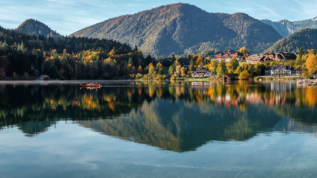 Sunny autumn landscape at alpine lake, Gosausee, Vorderer Lake, Austria