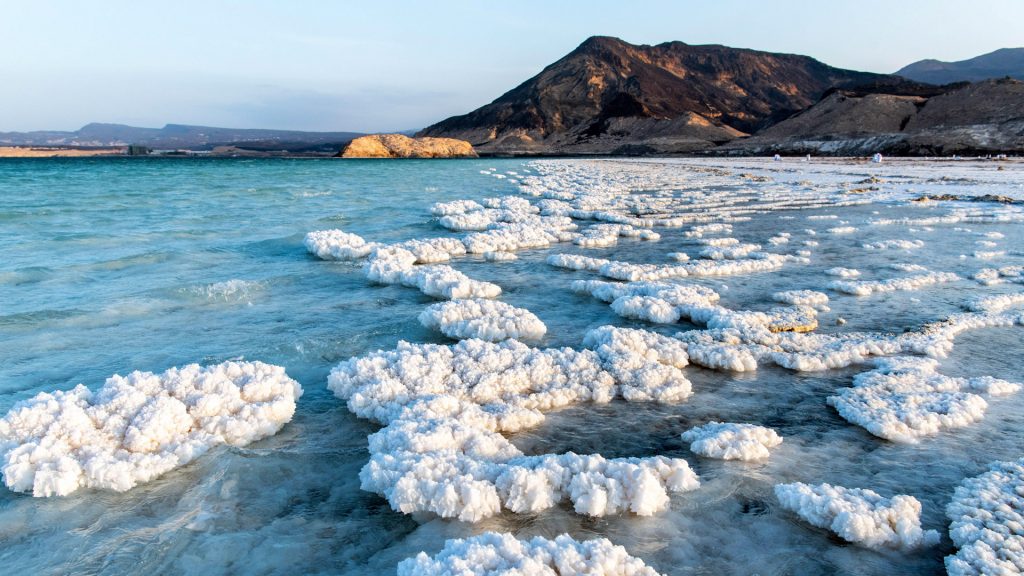 Salt crystals emerging from the water with mountains in the background, Lake Assal, Djibouti
