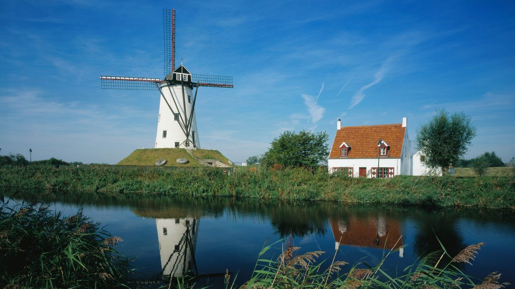 Windmill at canal near Damme, Hoeke, West Flanders, Belgium