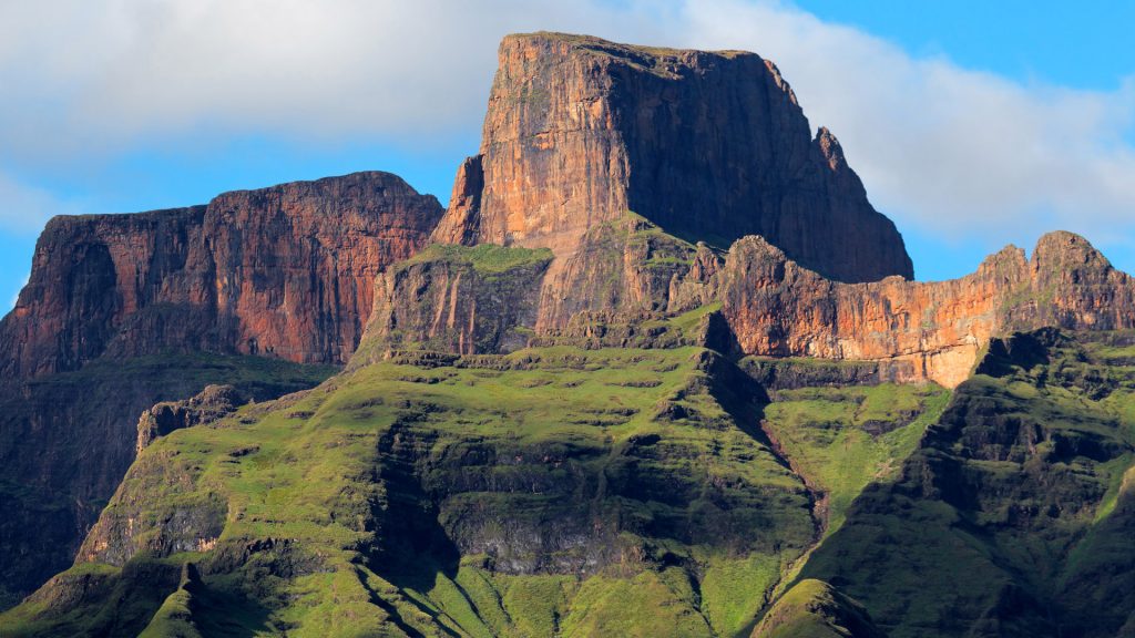 Sentinel peak in amphiteater of Drakensberg mountains, Royal Natal National Park, South Africa