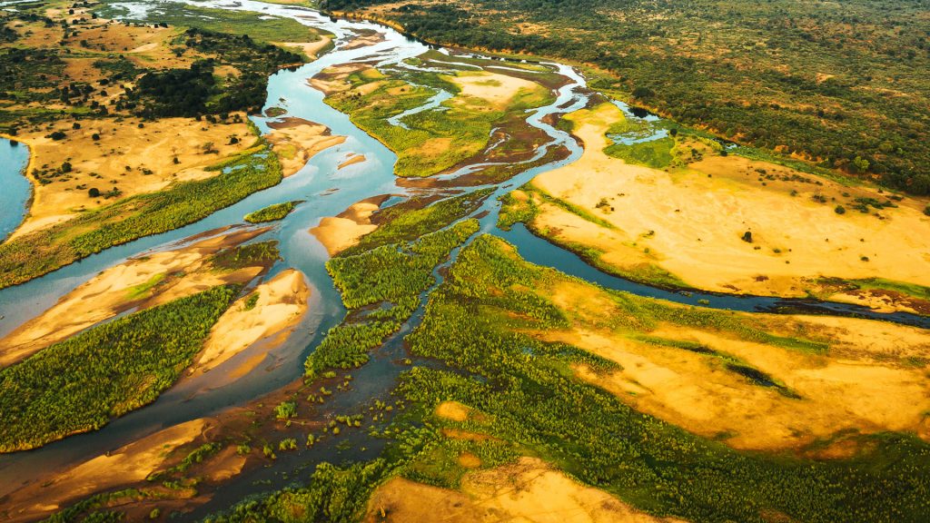 The banks of the Lower Zambezi, aerial view over the Zambezi River, Zambia