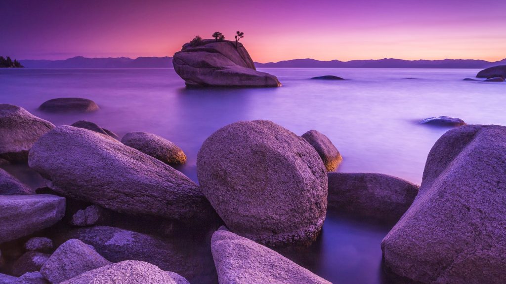 Lake Tahoe in purple sunset, Sierra Nevada, USA