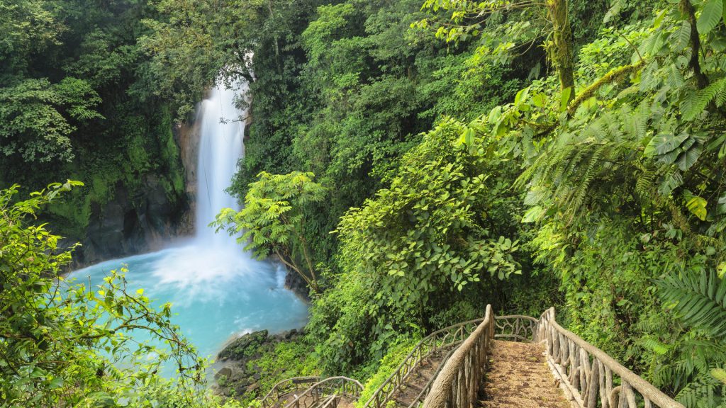 River Rio Celeste waterfall in Tenorio Volcano National Park, Alajuela, Costa Rica