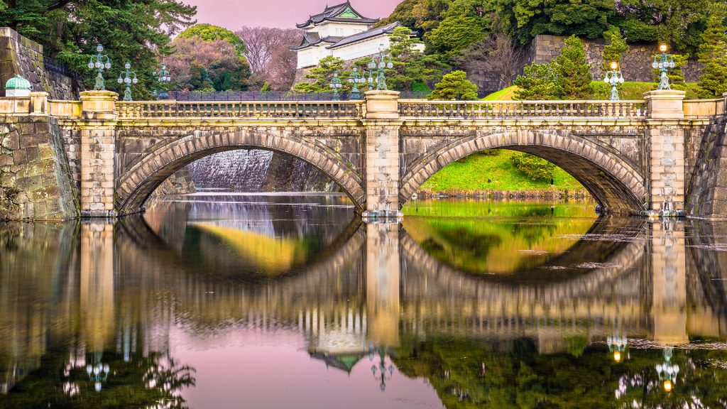 Imperial Palace moat and bridge at dawn, Tokyo, Japan