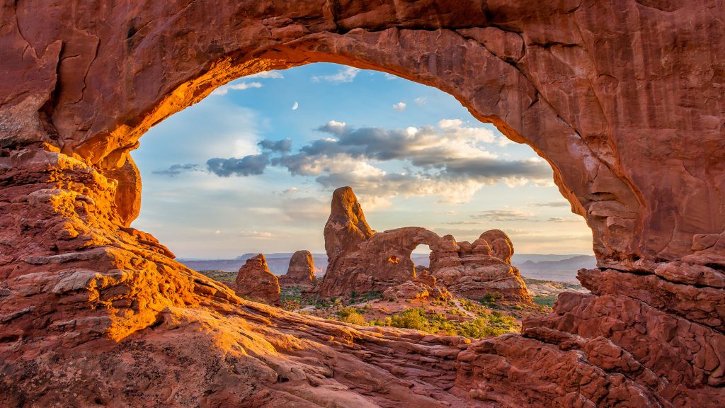 Turret arch view through the North Window at Arches National Park, Utah, USA
