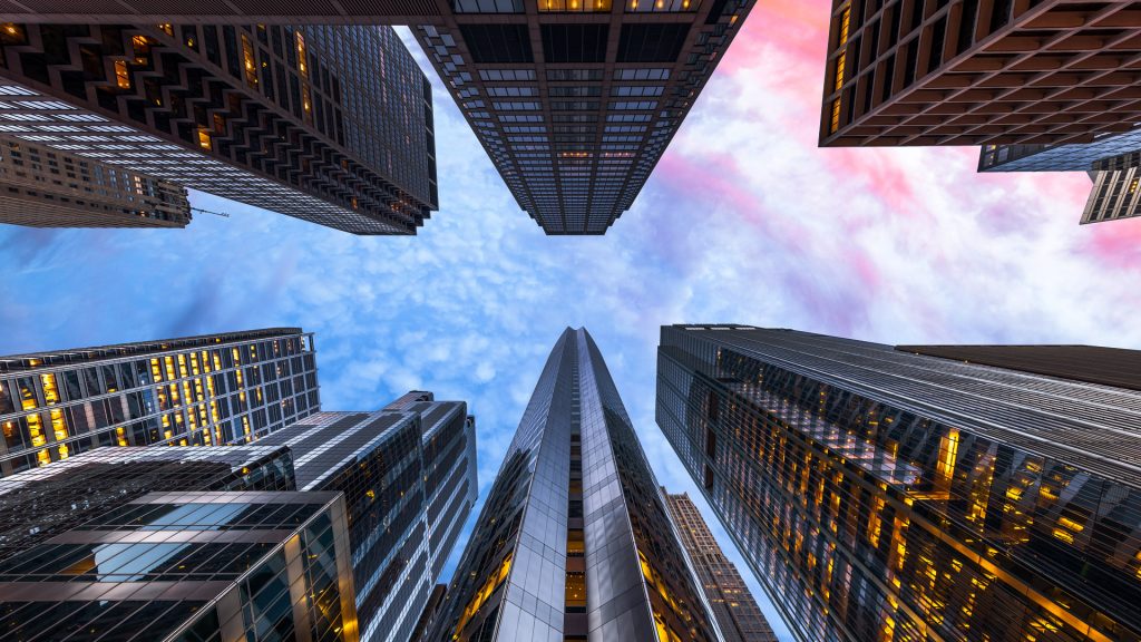 Sunrise, looking up, Chicago, Illinois, USA