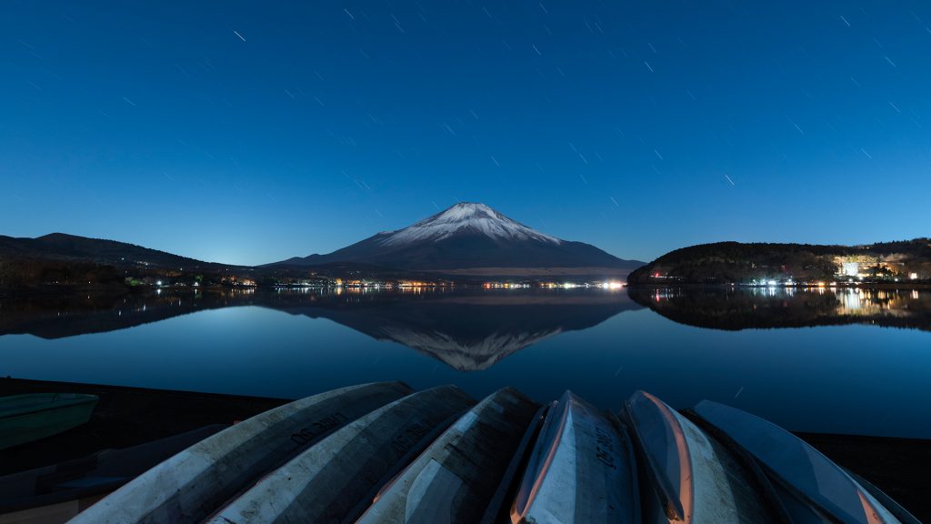 Night view of Mount Fuji from lake Yamanaka, Yamanashi Prefecture, Japan