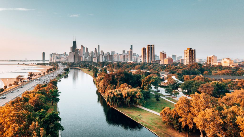 Chicago skyline view from Lincoln park, Illinois, USA