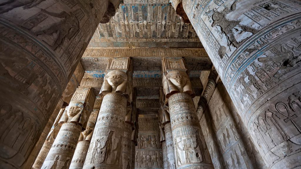 Colonnade at the entrance of the Hathor Temple at the Dendera Temple Complex, Egypt