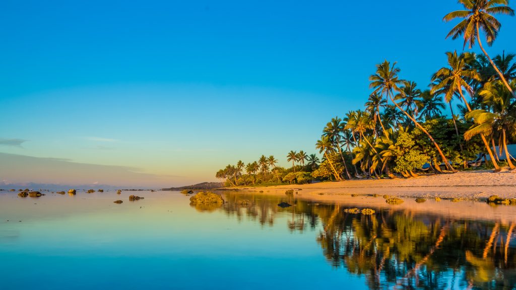 Beach with palm trees at sunset, Fiji
