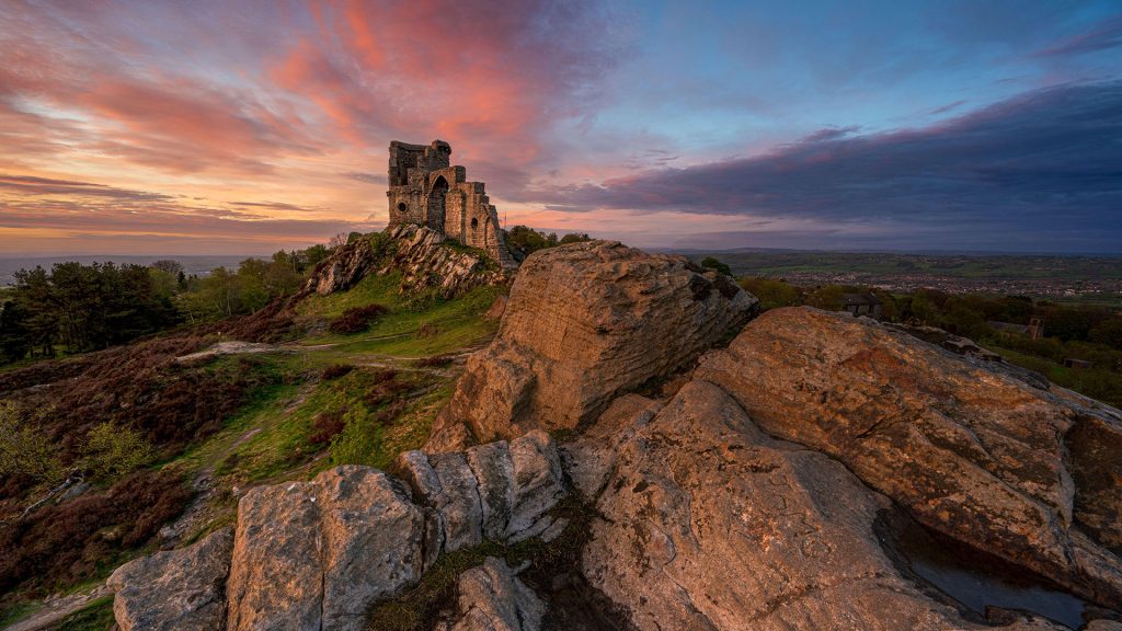 The Folly at Mow Cop castle with incredible sunset, Odd Rode, Cheshire, England, UK