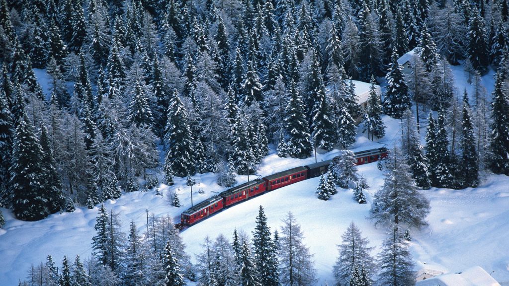 Bernina express go up along Valposchiavo forest to pass near Cavaglia, Engadin, Switzerland