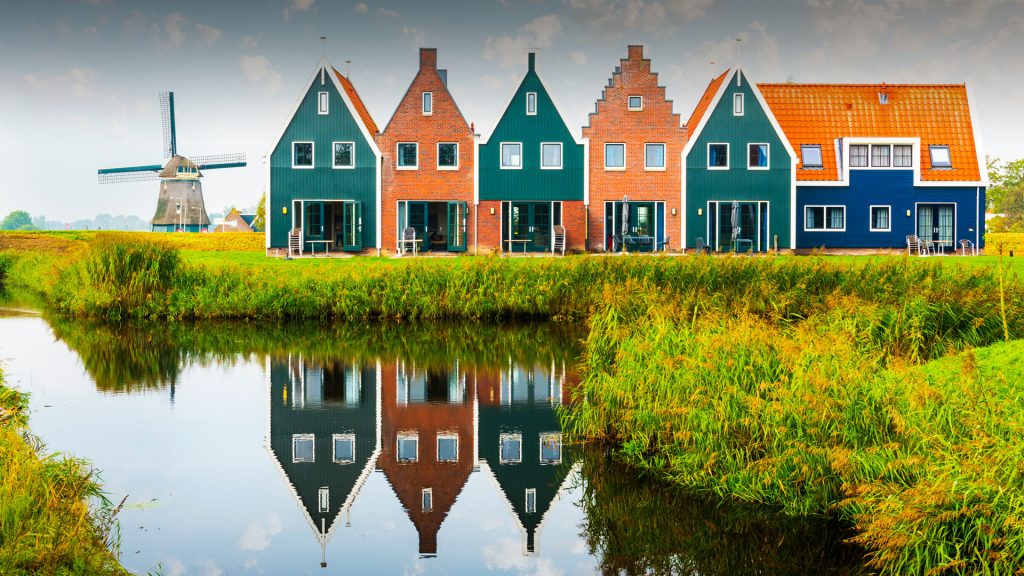 Colored houses of marine park in Volendam town, North Holland, Netherlands