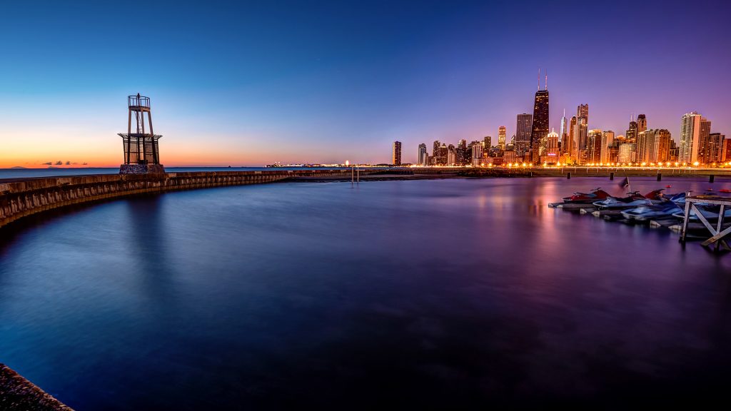 Chicago skyline and harbour at sunrise, Illinois, USA
