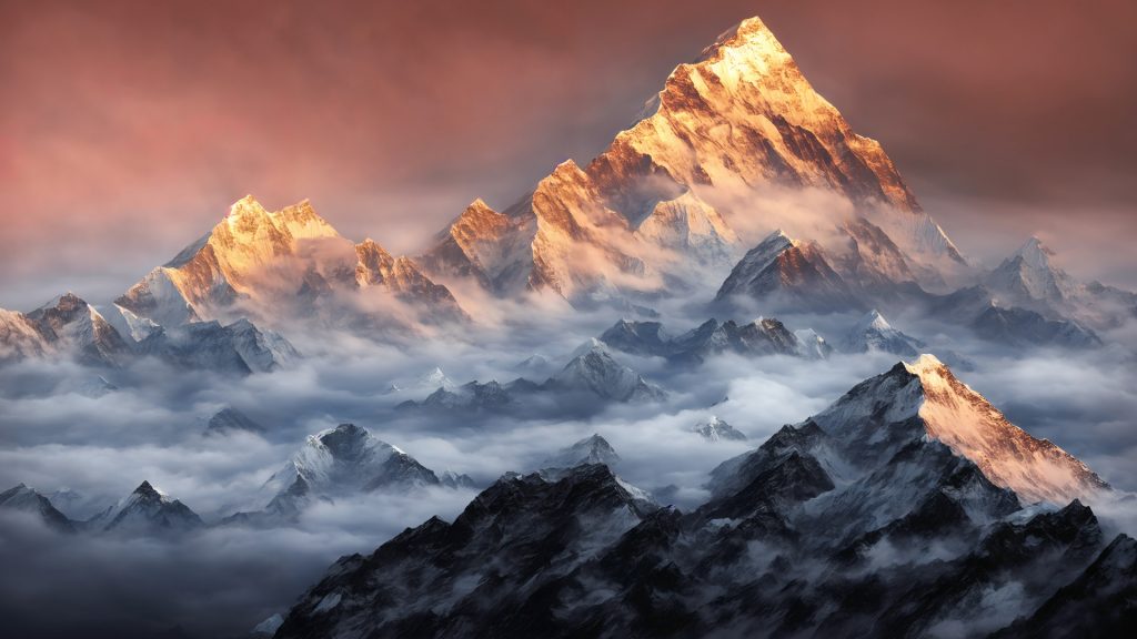 Himalayas mount Everest during a foggy sunset night, Sagarmatha National Park, Nepal