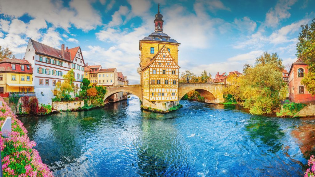 Autumn view of old town Bamberg on crossing of Regnitz and Main rivers, Bavaria, Germany