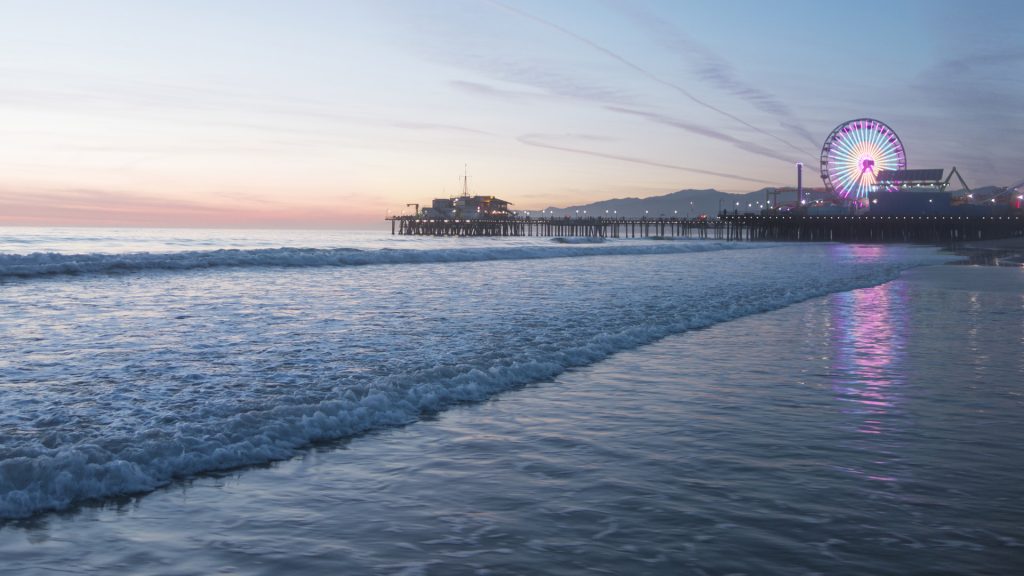 Santa Monica Beach Pier at sunset, Los Angeles, California, USA