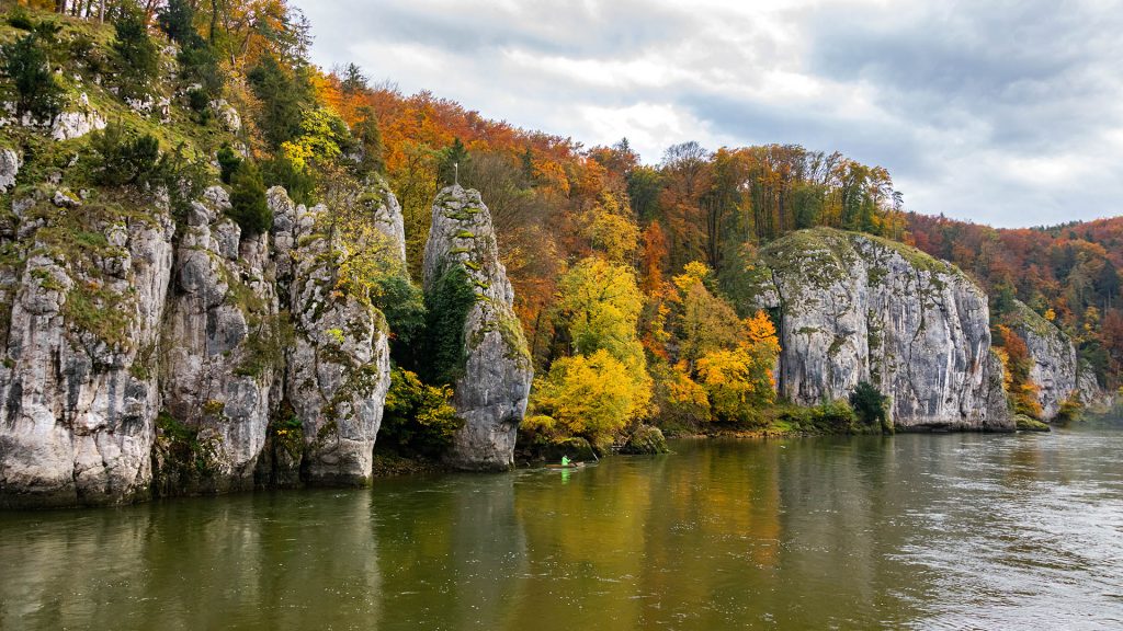 Danube Gorge near Kelheim and Weltenburg Abbey in autumn, Bavaria, Germany