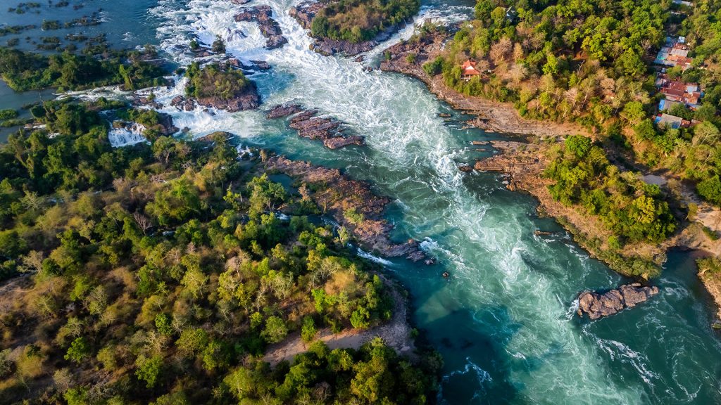 Aerial view of The Khone Falls and Pha Pheng Falls on the Mekong River, Champasak, Laos