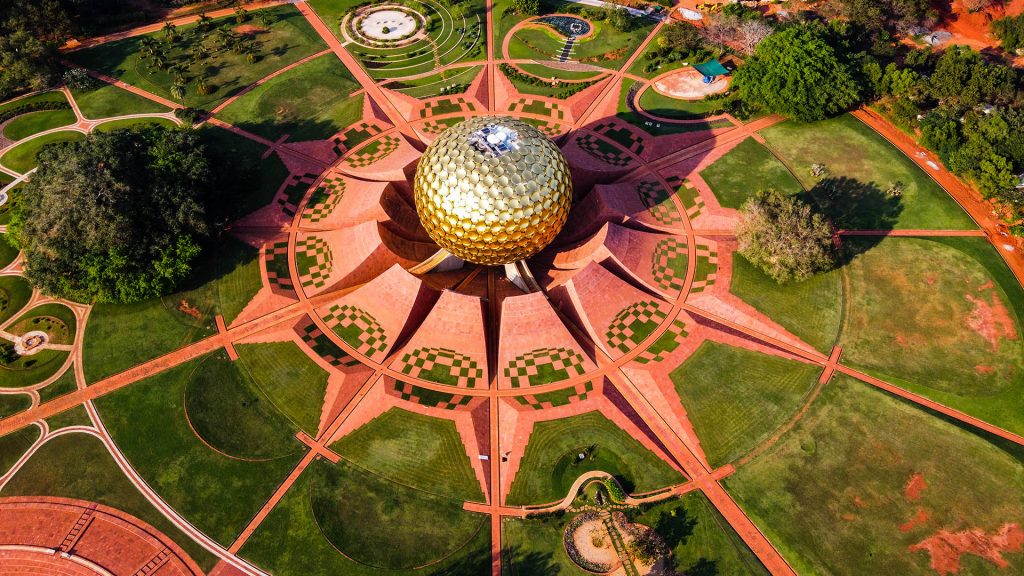 Arial view of Auroville experimental township in Viluppuram district, India