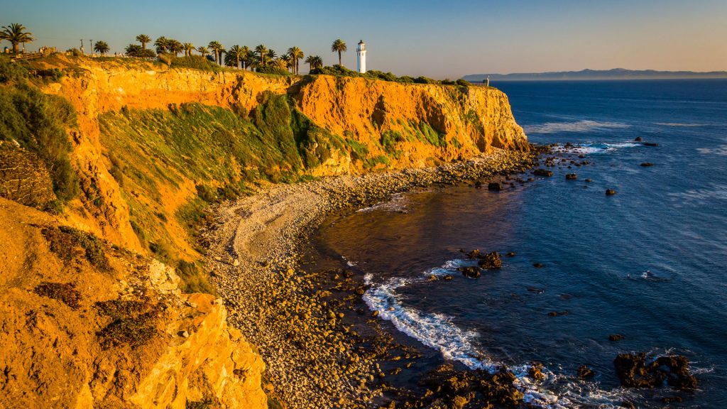 View of Point Vicente Lighthouse at sunset, Ranchos Palos Verdes, California, USA