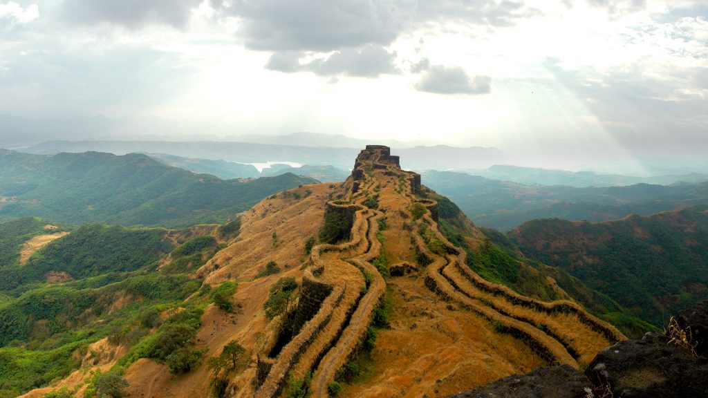 The Sanjeevani machi fortified ridge of the Rajgad fort, Pune district of Maharashtra, India