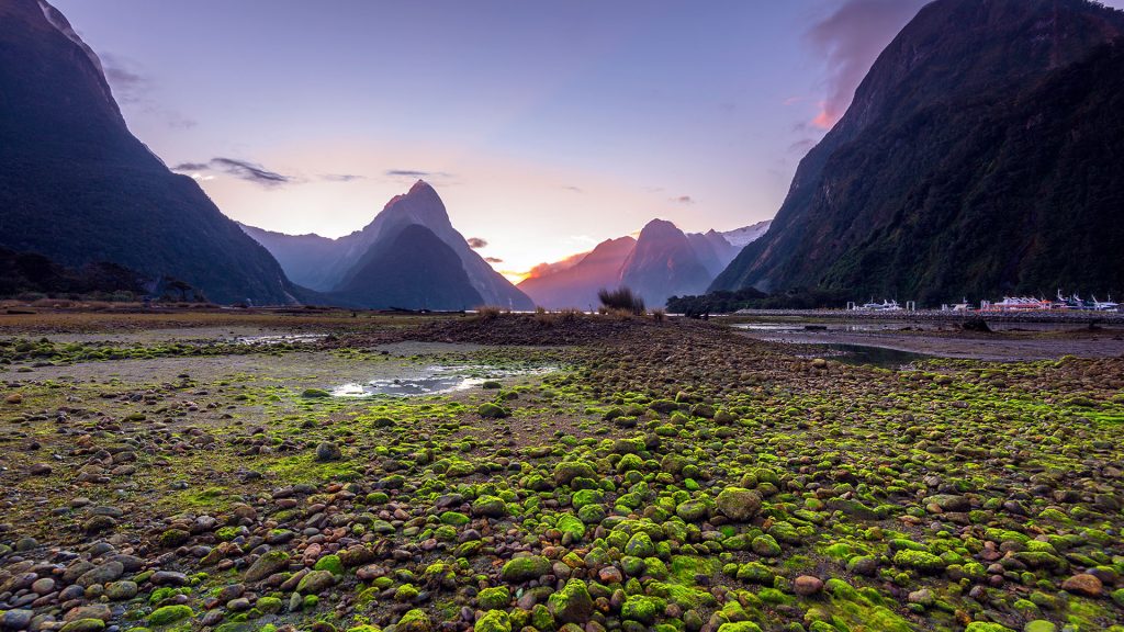 Mitre Peak sunset view in Milford Sound, Fiordland, South Island of New Zealand