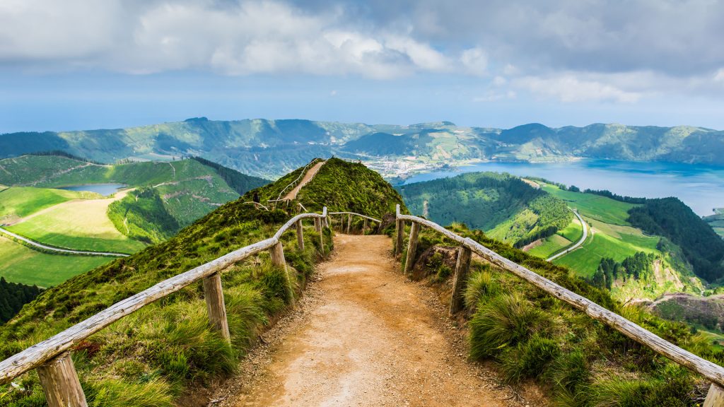 Walking path to a view on lakes of Sete Cidades, Ponta Delgada, São Miguel, Azores, Portugal