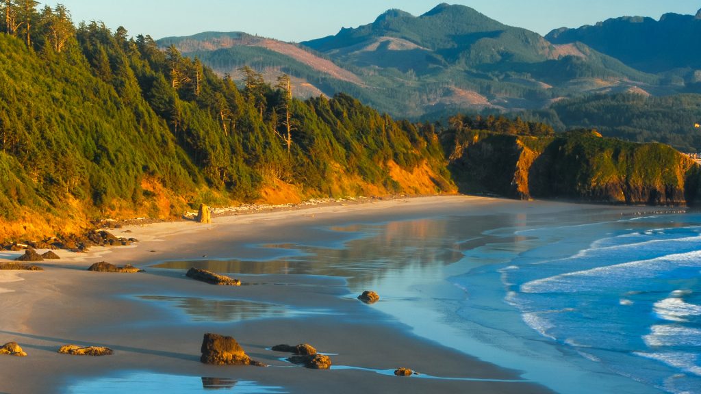 Late afternoon view of Crescent Beach from Ecola State Park, Cannon Beach, Oregon, USA