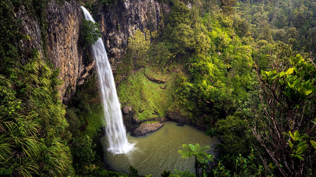 Bridal Veil Falls (Wairēinga) plunge waterfall along the Pakoka River, Waikato, New Zealand