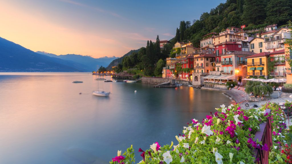Sunset over the village of Varenna on shore of Lake Como, Lecco province, Lombardy, Italy
