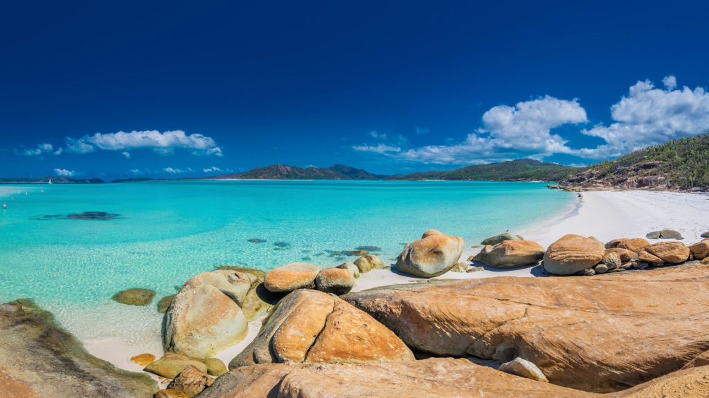 Panorama of the Whitehaven Beach in the Whitsunday Islands, Queensland, Australia