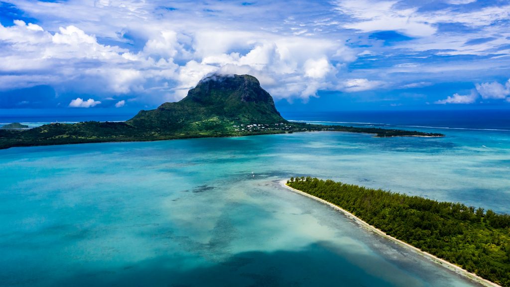 Aerial view of Indian Ocean and Le Morne Brabant mountain, Tamarin, Black River, Mauritius