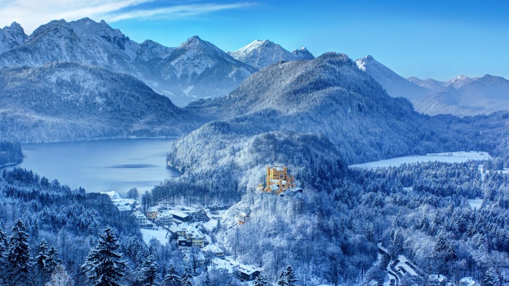 View of the valley and the castle Hohenschwangau in winter, Ostallgäu, Bavaria, Germany