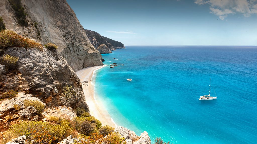 A sandy bay with azure water, Porto Katsiki Beach in Lefkada island, Greece