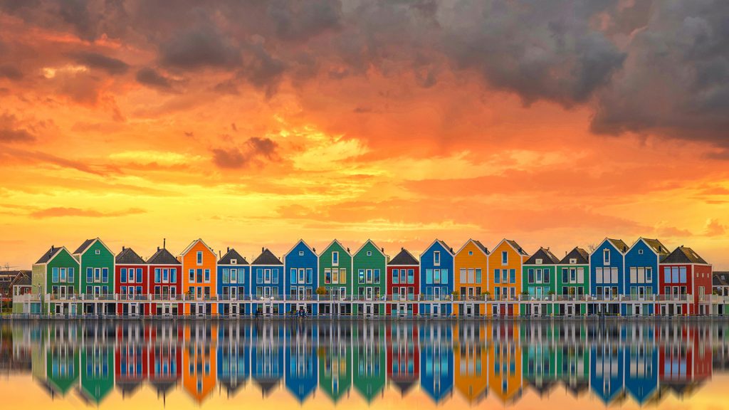Row of modern colorful houses in the town of Houten in the Netherlands