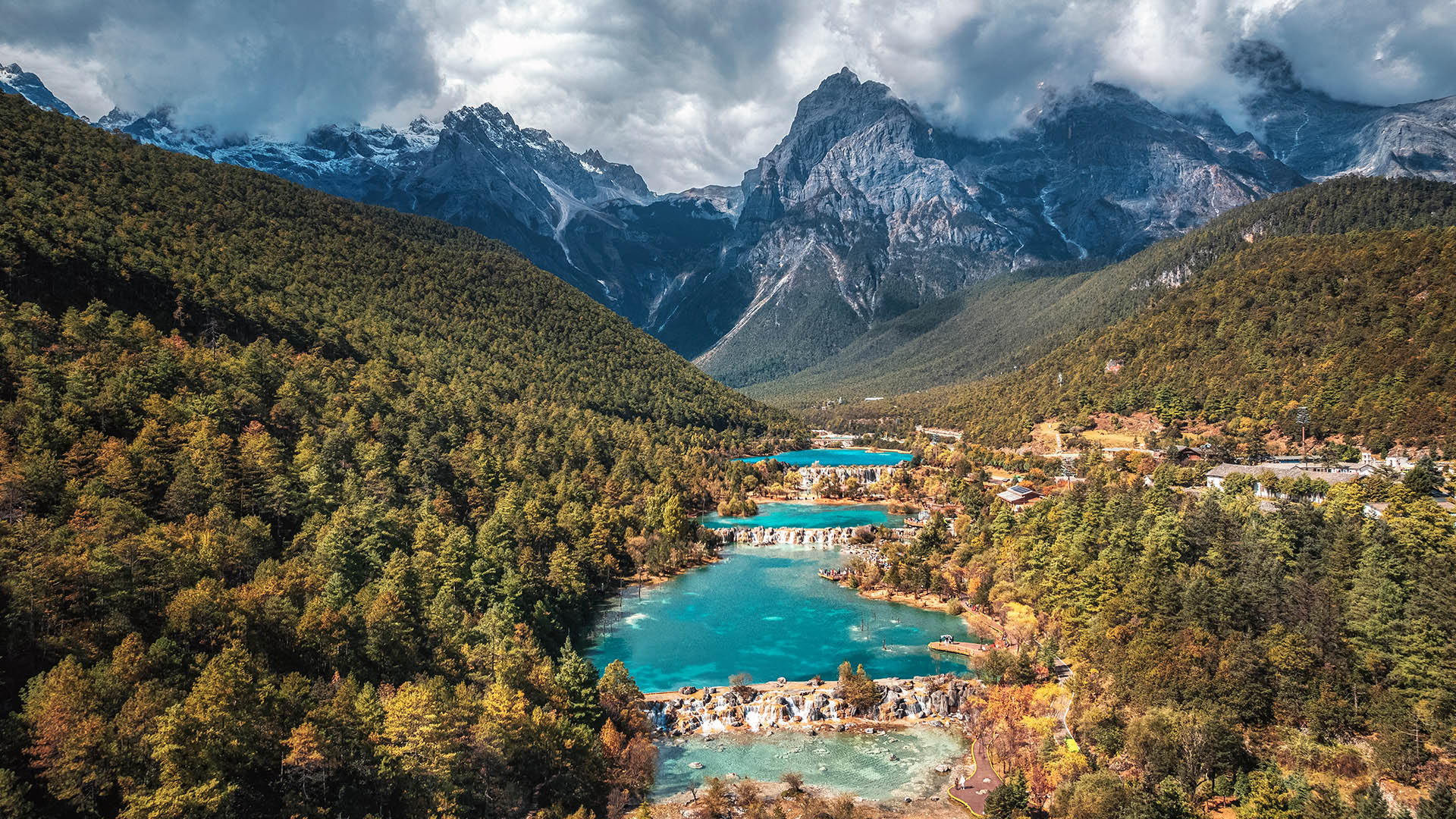Aerial View Of Blue Moon Lake With Jade Dragon Snow Mountain Lijiang 