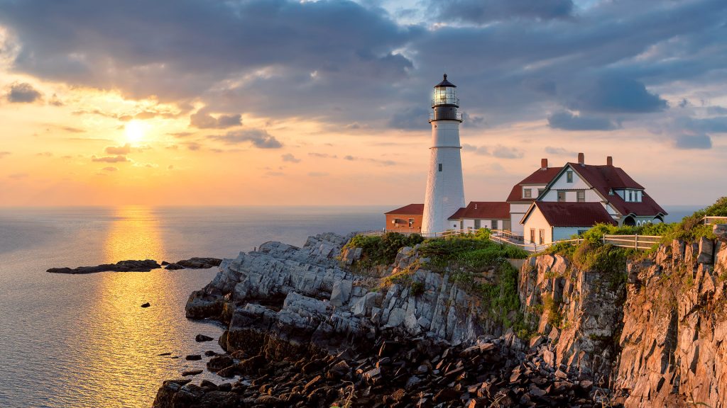 The Portland Head Lighthouse in Cape Elizabeth at sunrise, Maine, USA