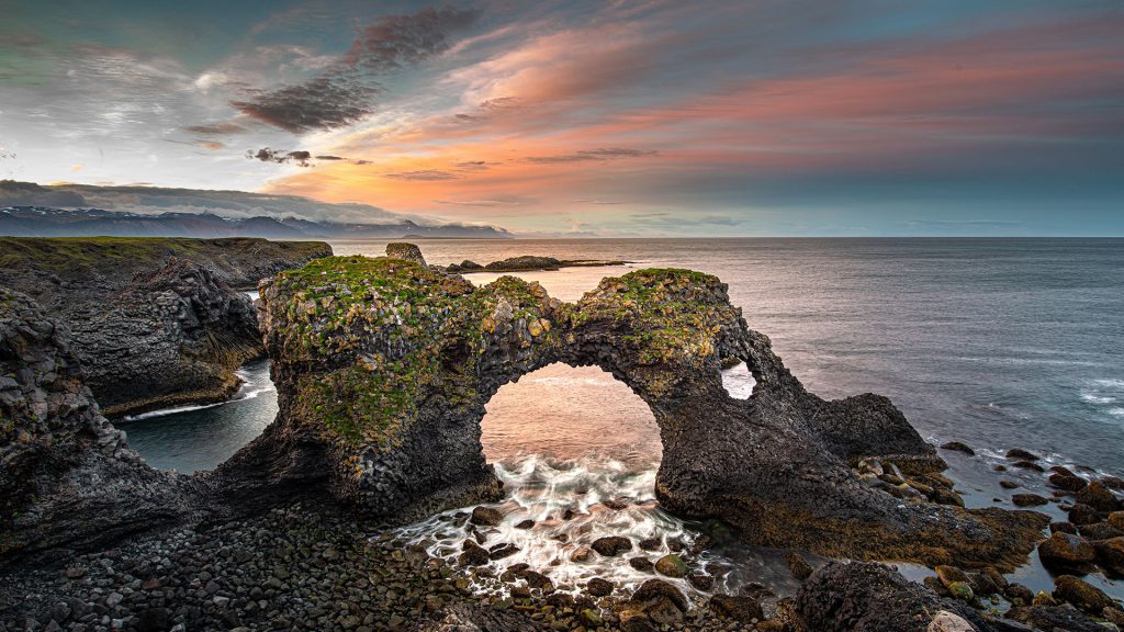 Gatklettur arch rock at sunset, Iceland